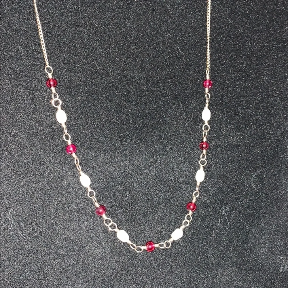 Garnet and Pearl Silver Necklace 12”/16”long